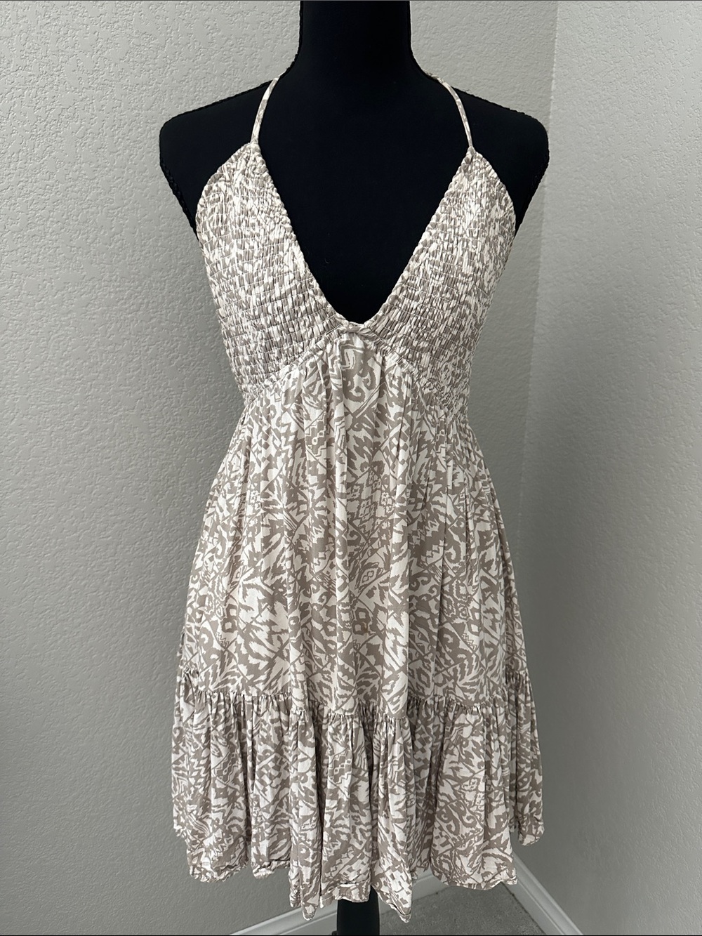 Lovely Day Neutral Print Smocked V-Neck Mini Dress